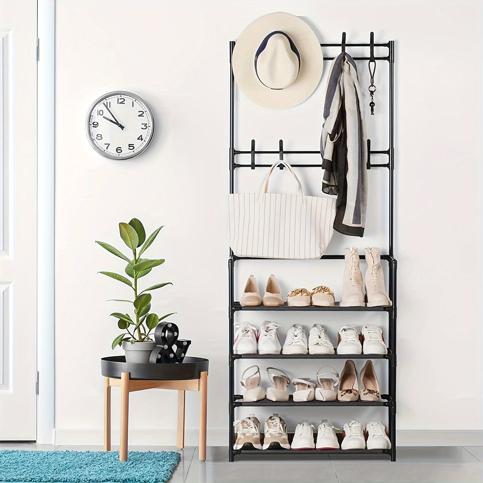 1pc Shoe Storage Rack With Clothes Shelf & Hooks - Space Saving