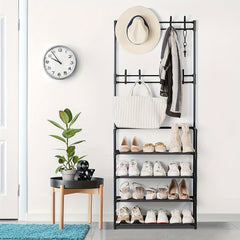 1pc Shoe Storage Rack With Clothes Shelf & Hooks - Space Saving