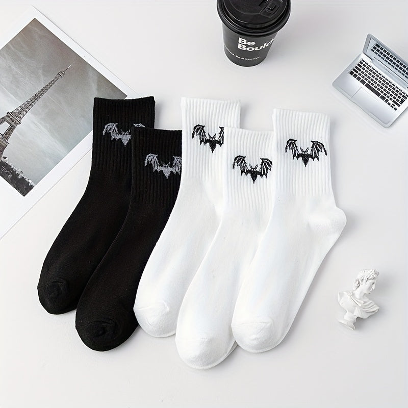 5 Pairs Bat Print Socks Halloween Crew Socks Women's Stockings & Hosiery
