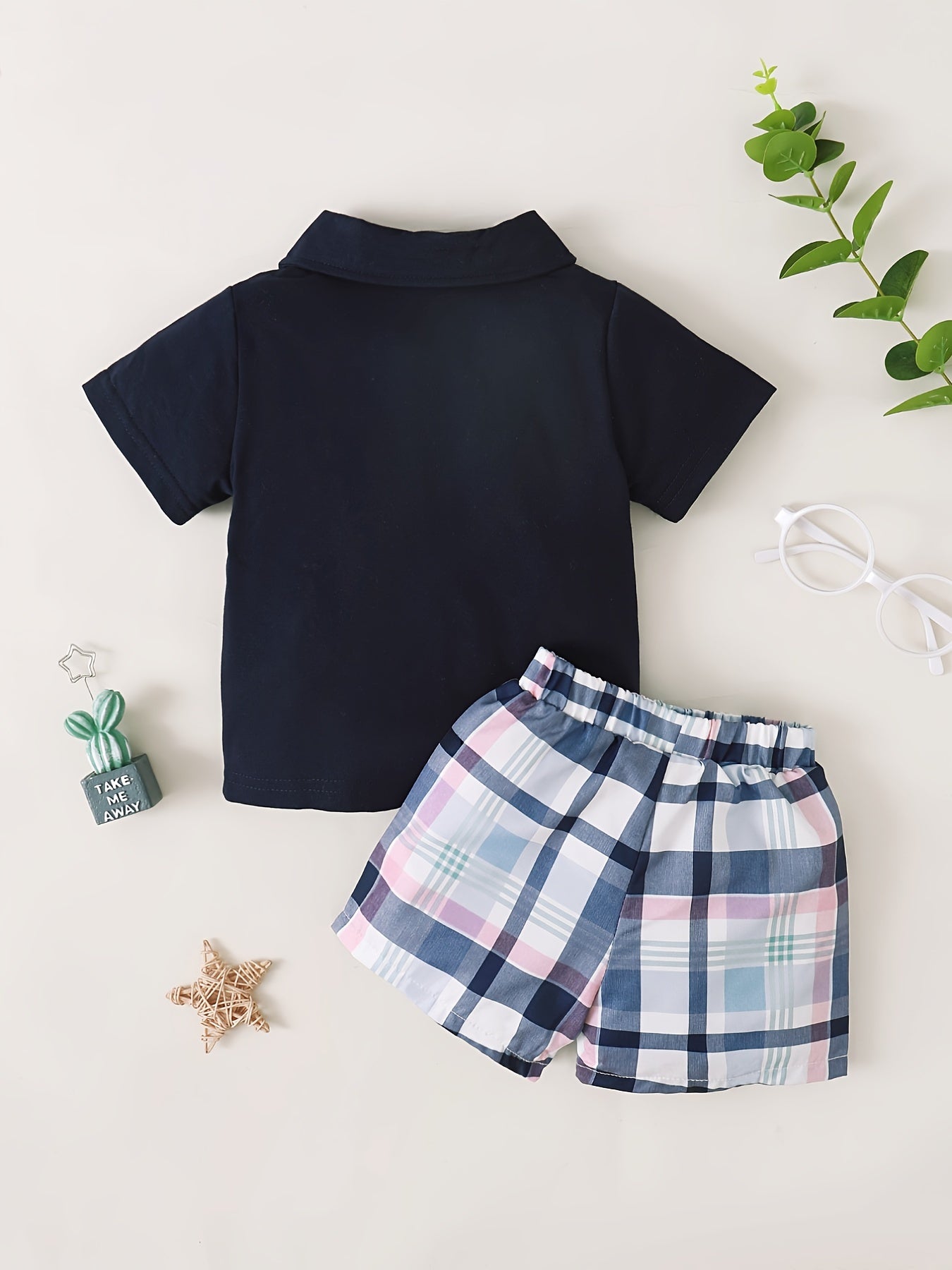 2pcs Baby Boys Short Sleeve Shirt & Plaid Shorts Set Summer Outfit