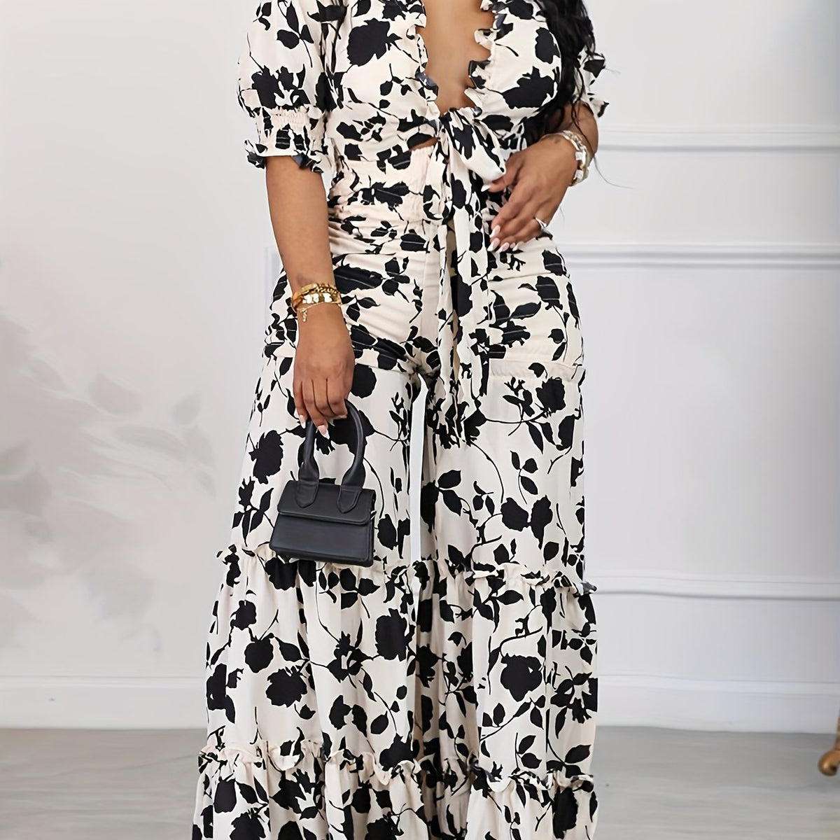 Floral Print Puff Sleeve V Neck Knot Top & Wide Leg Pants Set
