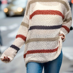  Casual Stripe Print Long Sleeve Round Neck Tunic Jumper