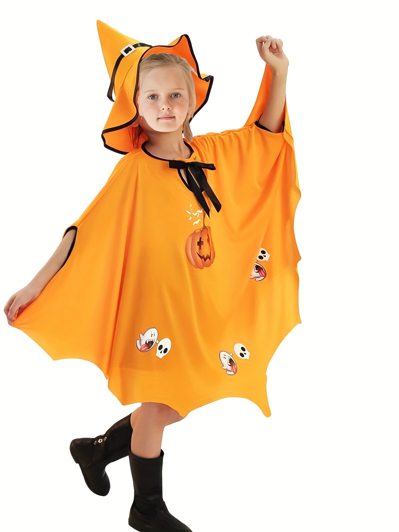 Girl's Halloween Dress Up Cloak Ghost Pumpkin Print Hooded Cape Witch Costume