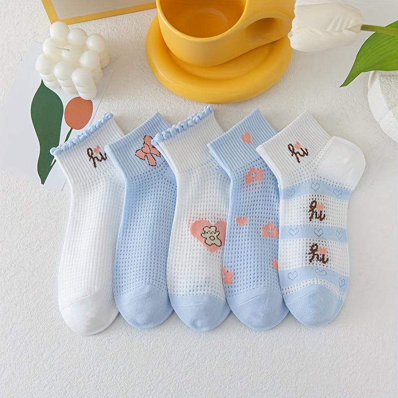 5 Pairs Heart Print Socks Crew Short Stockings for Women