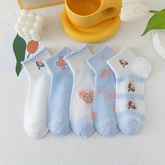 5 Pairs Heart Print Socks Crew Short Stockings for Women