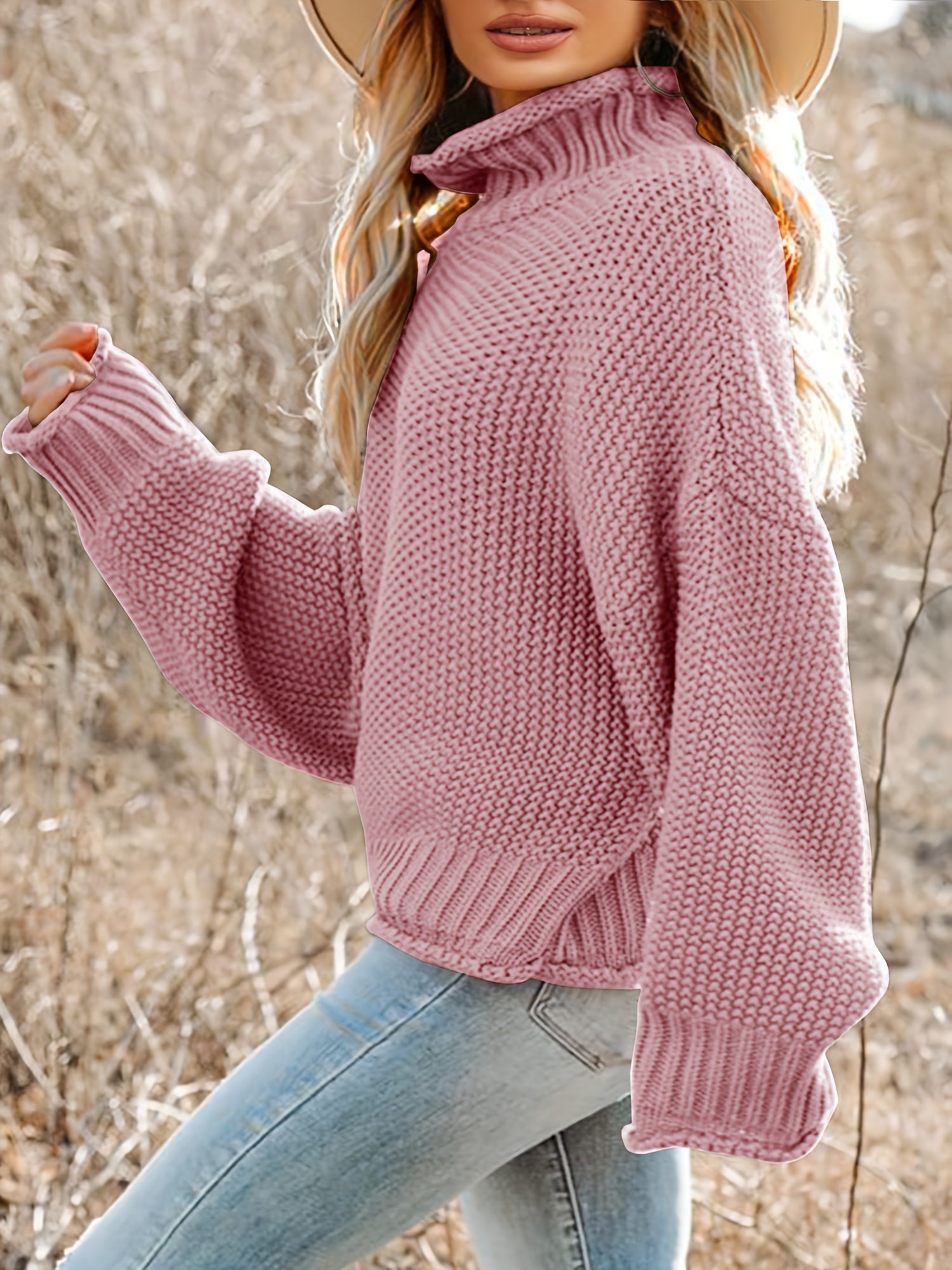  Casual Sweater Women's Solid Knitted Long Sleeve Mock Neck Pullover