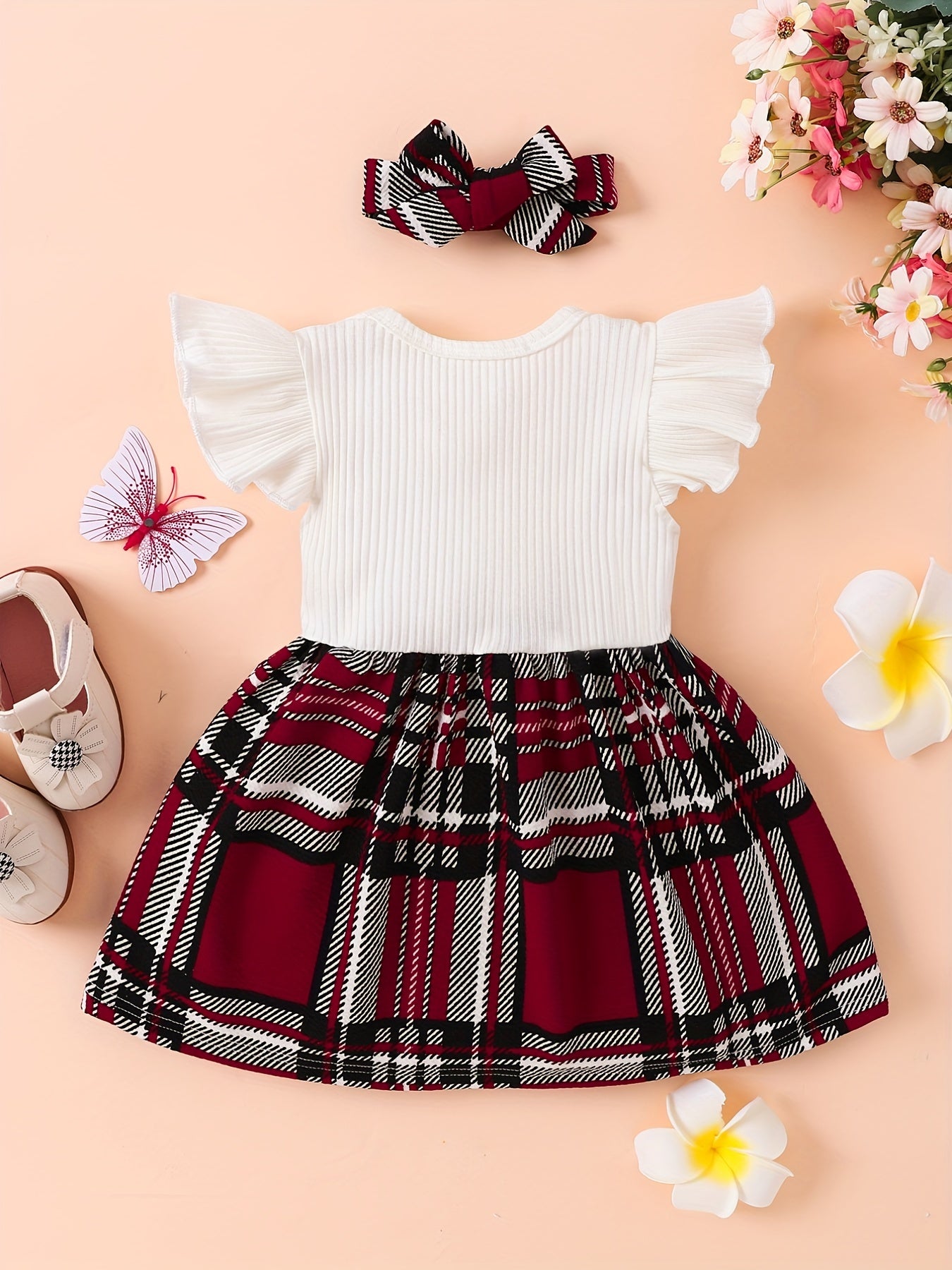 2pcs Baby Girls Splicing Suspender Dress Bow Plaid Dress Set
