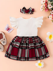 2pcs Baby Girls Splicing Suspender Dress Bow Plaid Dress Set