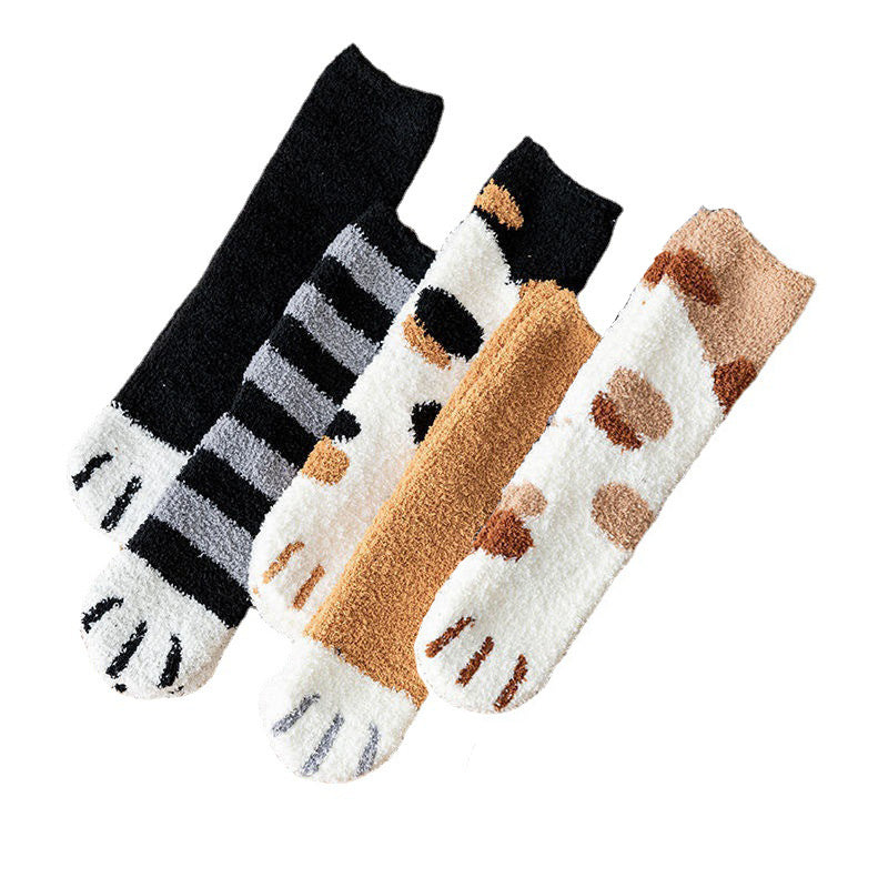 5pairs Women's Cat Paw Coral Fleece Socks