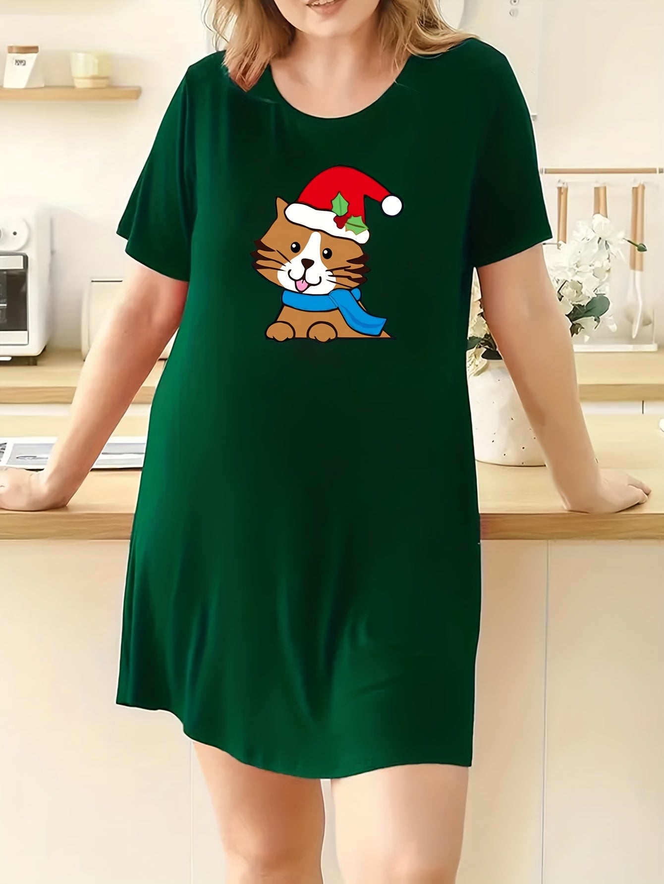  Christmas Cat Print Lounge Dress with Santa Hat
