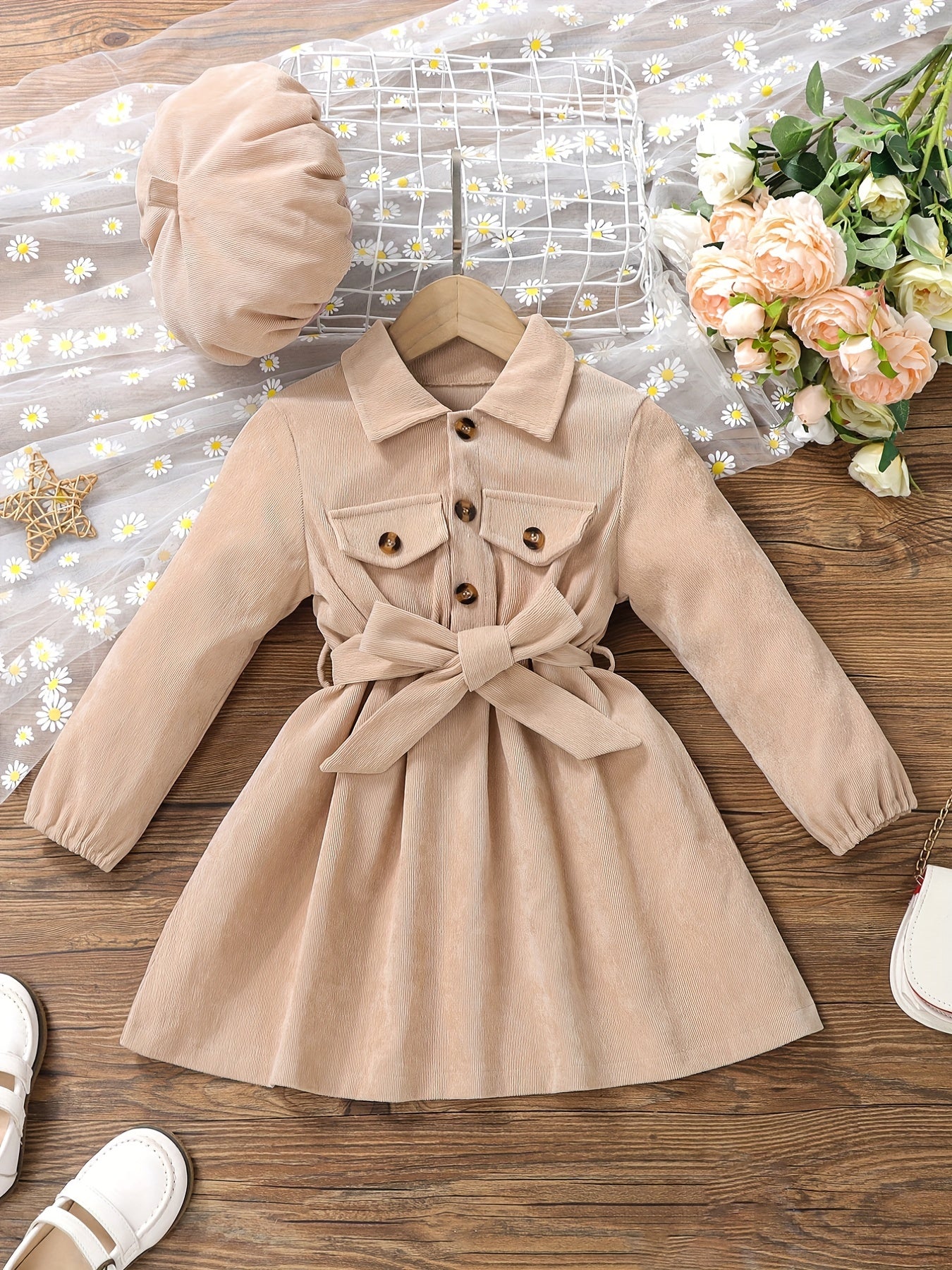 Girls Corduroy Button Front Collar Neck Dress Set