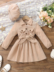 Girls Corduroy Button Front Collar Neck Dress Set