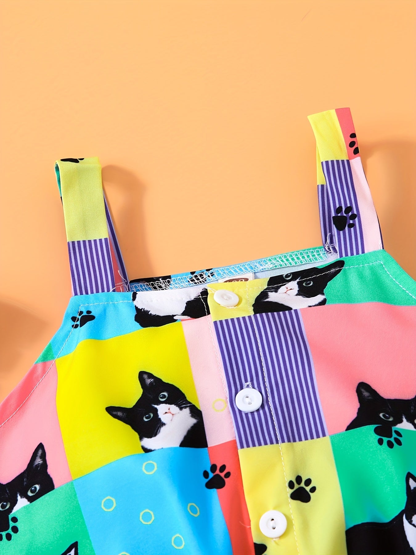 Toddler Girls Cat Plaid Graphic Cami Rompers Jumpsuits