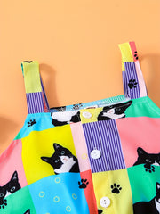 Toddler Girls Cat Plaid Graphic Cami Rompers Jumpsuits