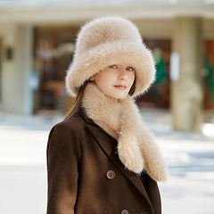 Winter Thick Warm Bucket Hat Scarf Set Plush Fisherman Fuzzy Fluffy Cap