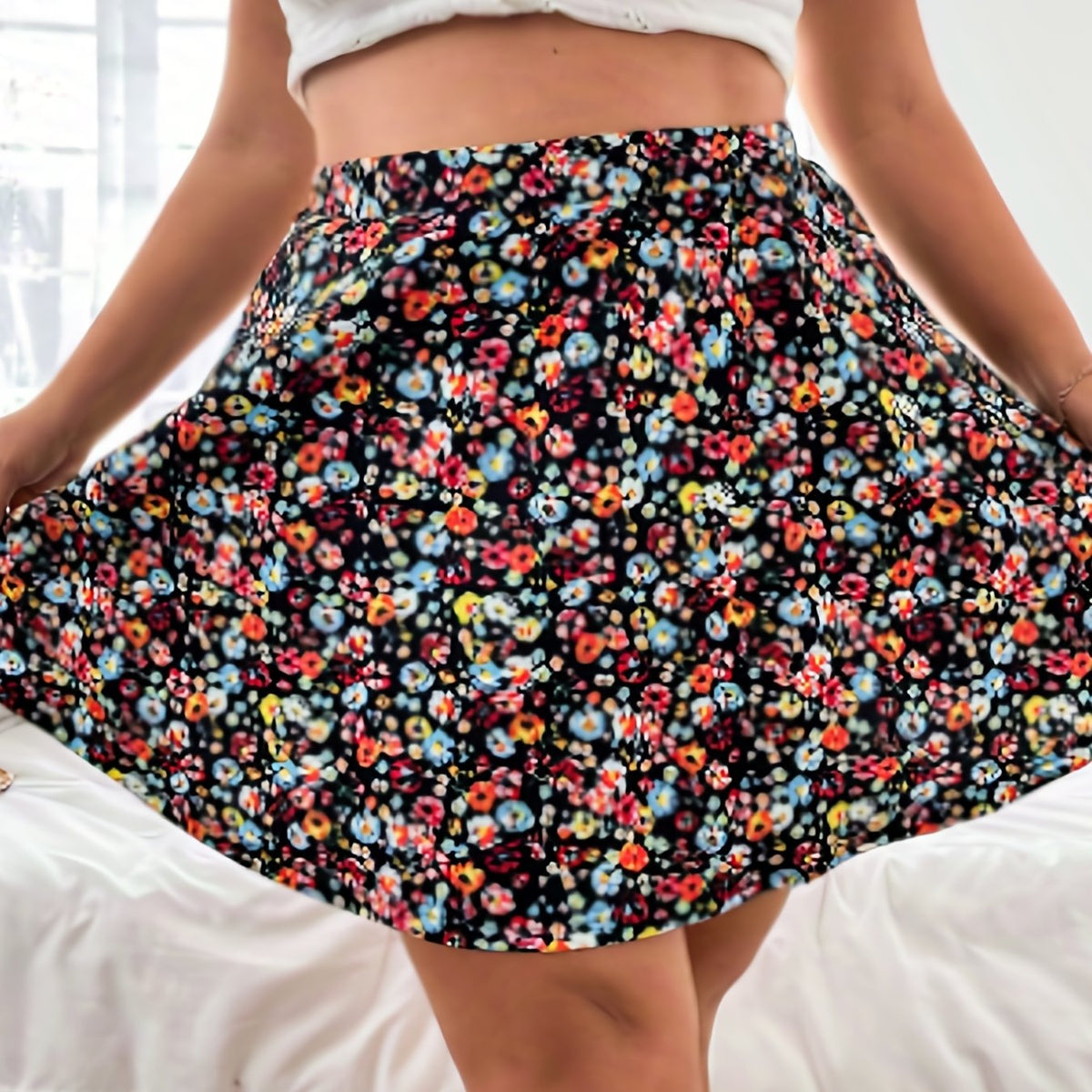  Ditsy Floral Print High Rise A line Mini Skirt