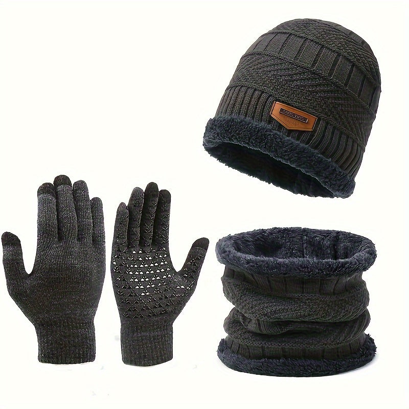 Winter Knit Hat Scarf Gloves Set Fleece Lining Warm Beanie Touch Screen Gloves
