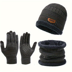 Winter Knit Hat Scarf Gloves Set Fleece Lining Warm Beanie Touch Screen Gloves