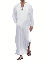 Islamic Arabic Kaftan Men's Long Sleeve V Neck Casual Wear Dubai