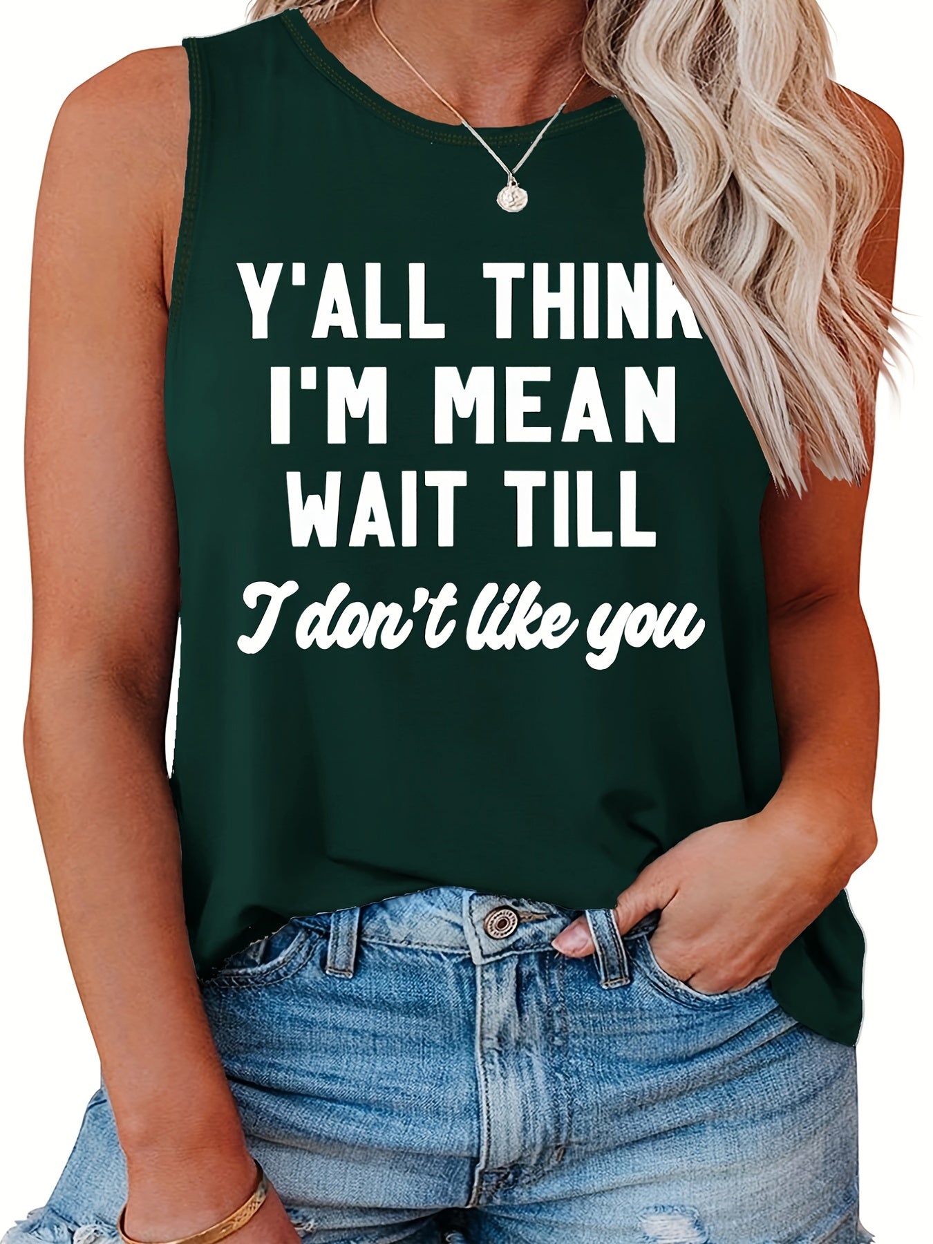 Plus Size Slogan Print Tank Top Round Neck Stretchy Casual Sleeveless Tee