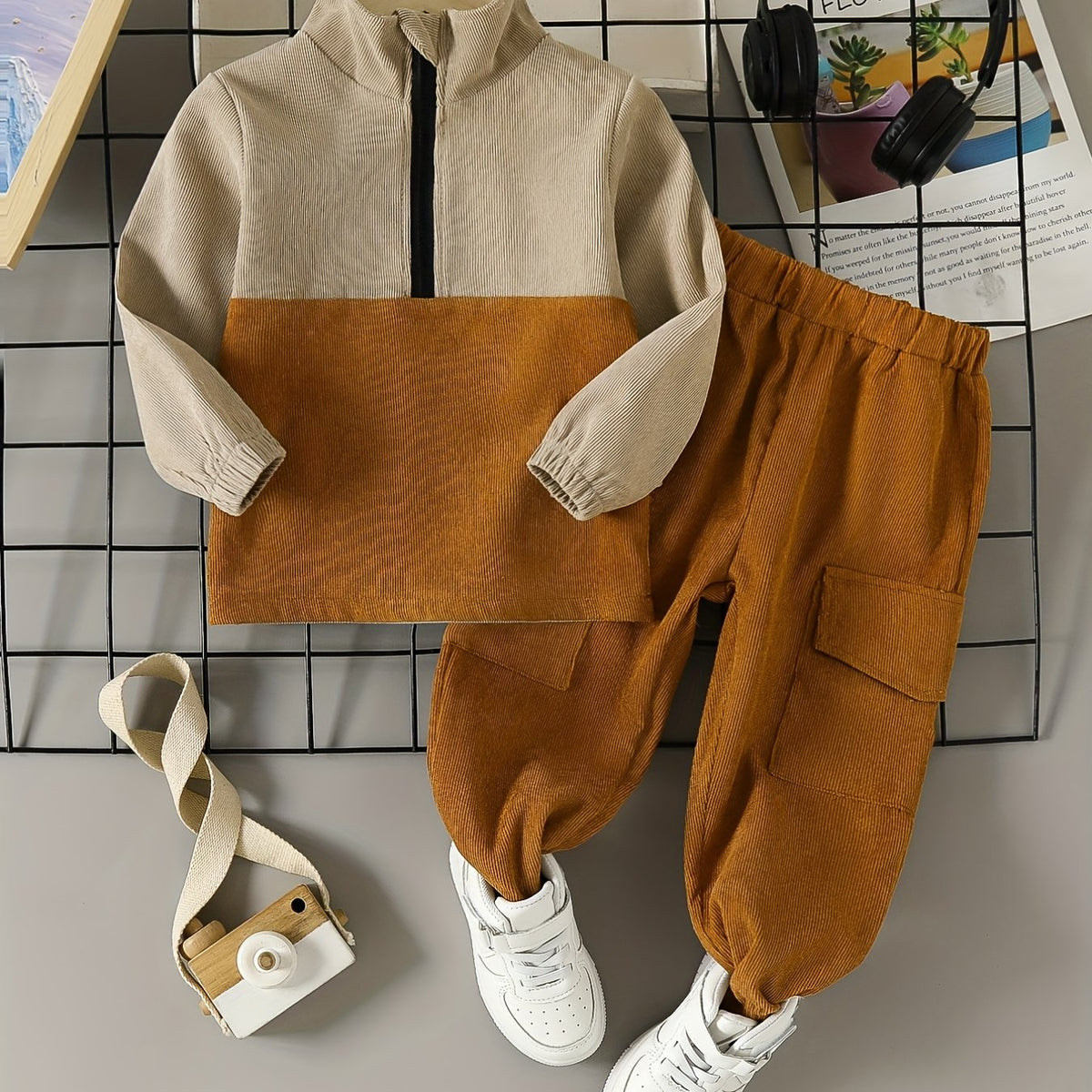 Boys Corduroy Sweatshirt & Pants Set, Stand Collar Zip, Elastic Waist