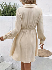  Textured Long Sleeve Button Up Collar Knee Length Dress