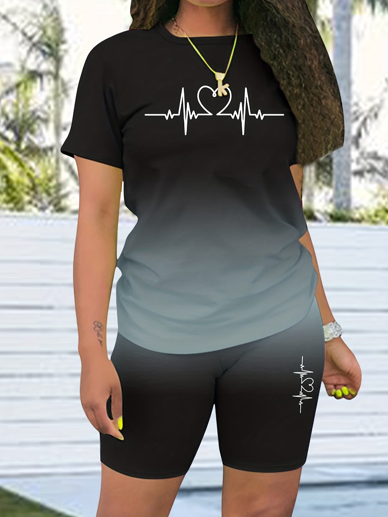 Heart Rate Ombre Two-piece Set Casual T-shirt & Shorts Outfit