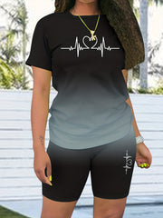 Heart Rate Ombre Two-piece Set Casual T-shirt & Shorts Outfit