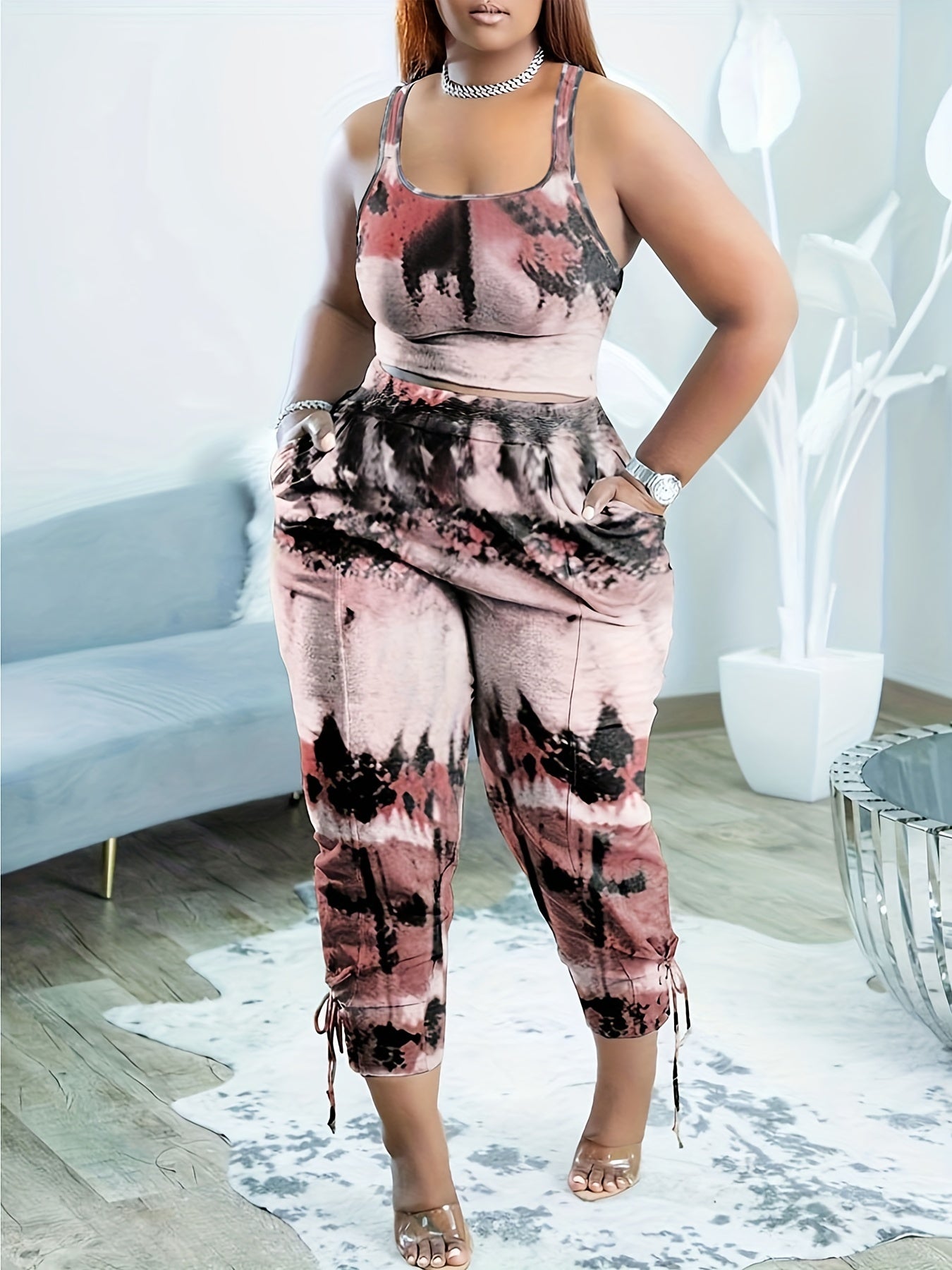 Women's Plus Tie Dye Crop Tank Top & Drawstring Pants Set