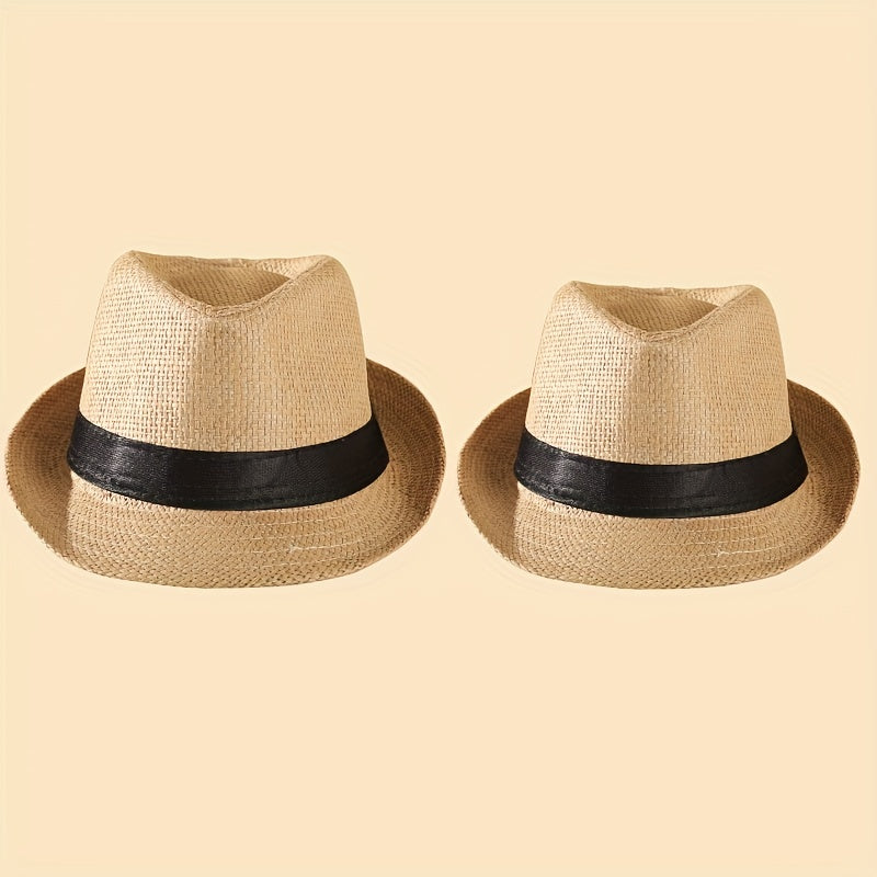 2pcs Straw Woven Belt Top Hat Sunshade Jazz Hat