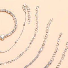 6pcs Silver Beaded Heart Pattern Multilayer Bracelet Set for Women