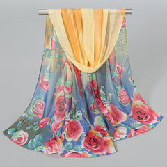 Chiffon Scarf Rose Print Boho Shawl Sunscreen Windproof Head Wrap