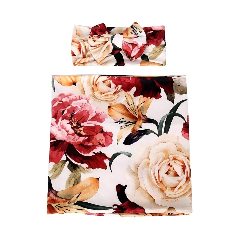 Ultra Soft Floral Swaddle Wrap & Headband Set Pink Roses Knit Girls Flower Kids