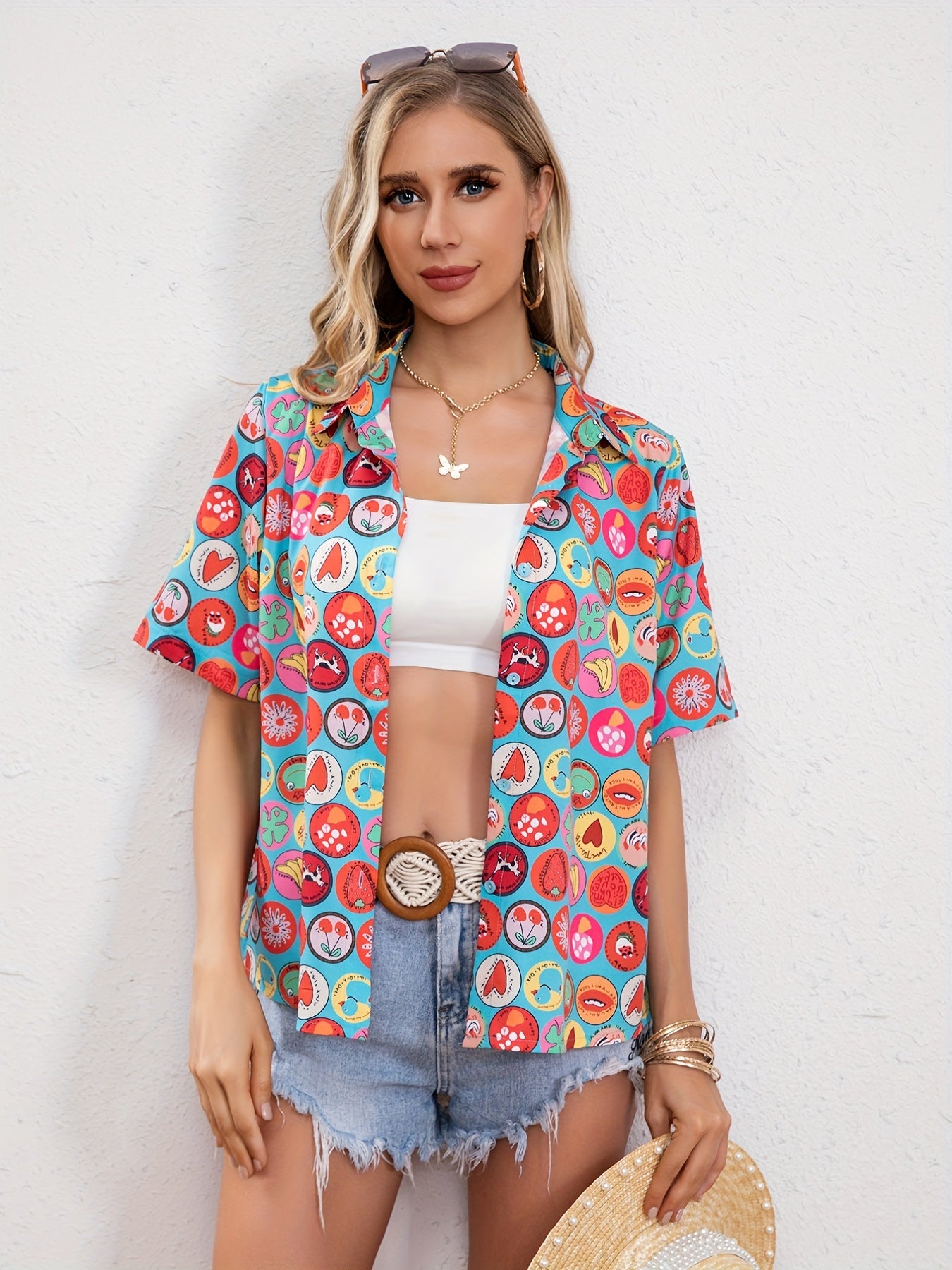  Fruit Print Short Sleeve Button Up Vacay Shirt