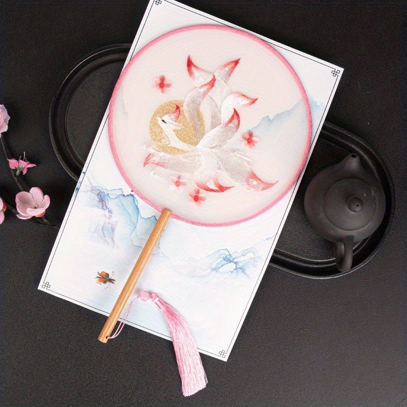 Embroidery Round Fan Retro Handheld Fan Chinese Style Prints Fan