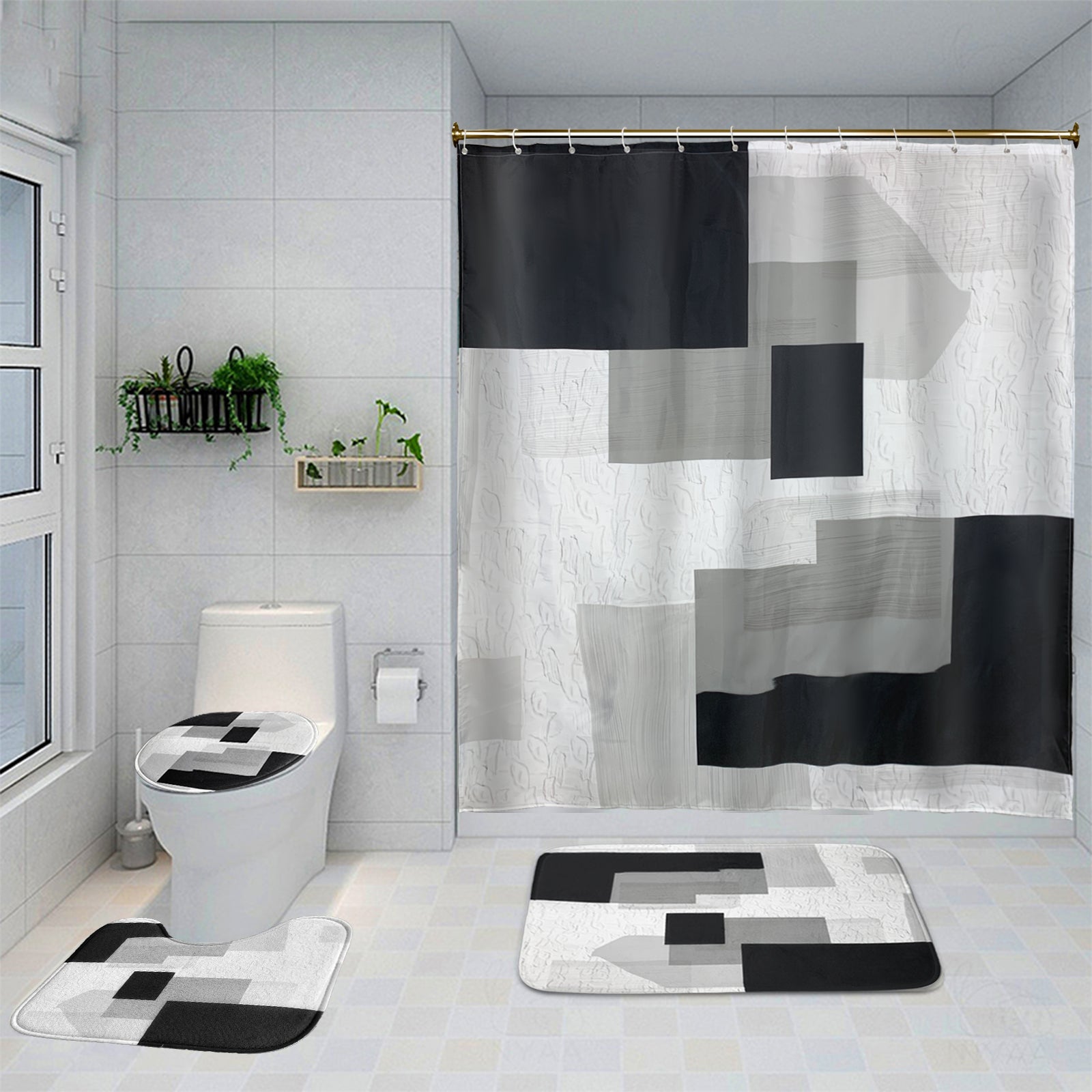 4 Piece Bathroom Set: Shower Curtain, Rugs, Non Slip Mat & Hooks