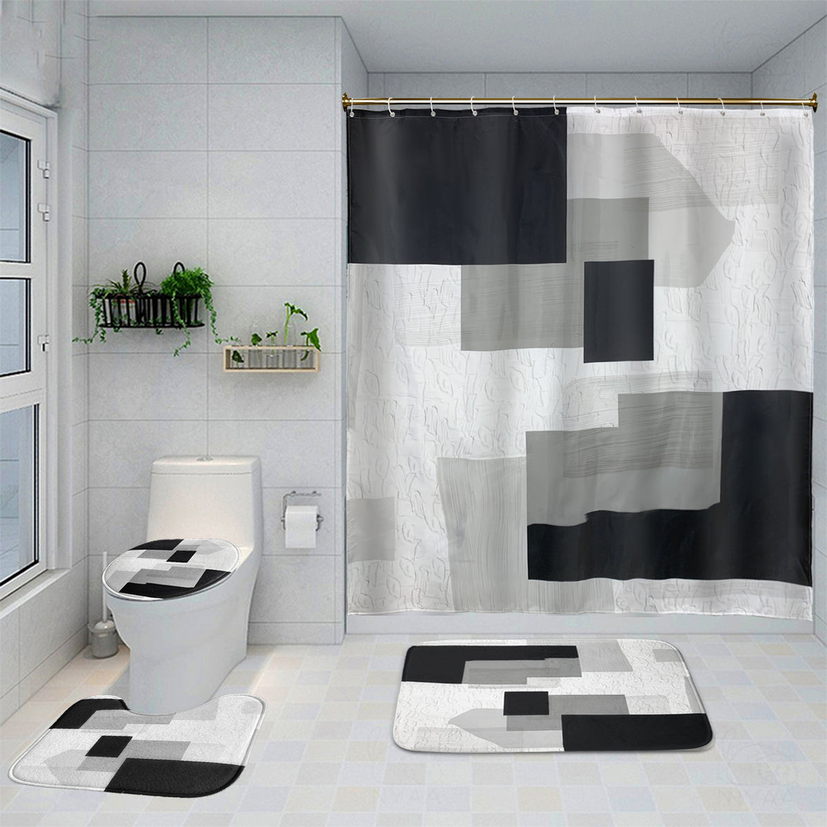 4 Piece Bathroom Set: Shower Curtain, Rugs, Non Slip Mat & Hooks