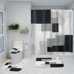4 Piece Bathroom Set: Shower Curtain, Rugs, Non Slip Mat & Hooks