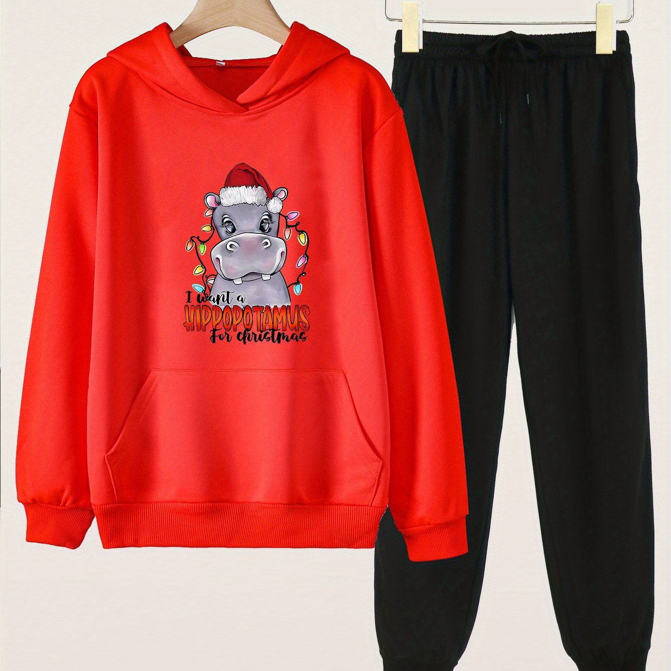 Hippos Print Hooded Pullover Pants Set for Sports Spring Fall