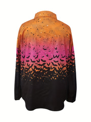  Halloween Casual Blouse Women's Plus Ombre Bat Print Long Sleeve Shirt