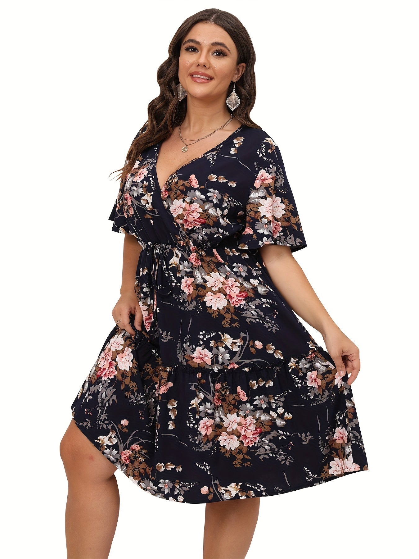  Floral Print Surplice Neck Midi Wrap Dress