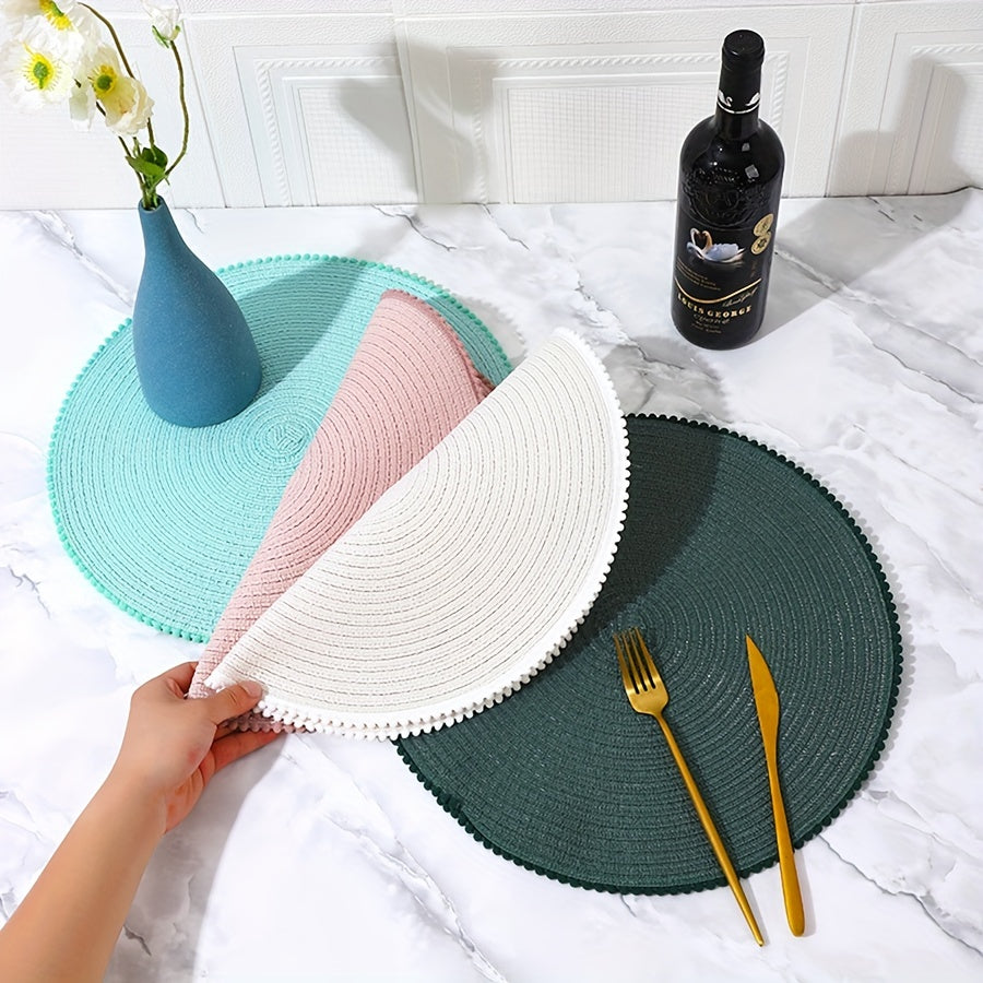 6pcs Cotton Placemat Round Yarn Fur Ball Lace Table Mat