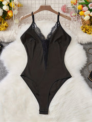 Ribbed Lace Contrast Bodysuit Sexy V Neck Sleeveless Bodysuit