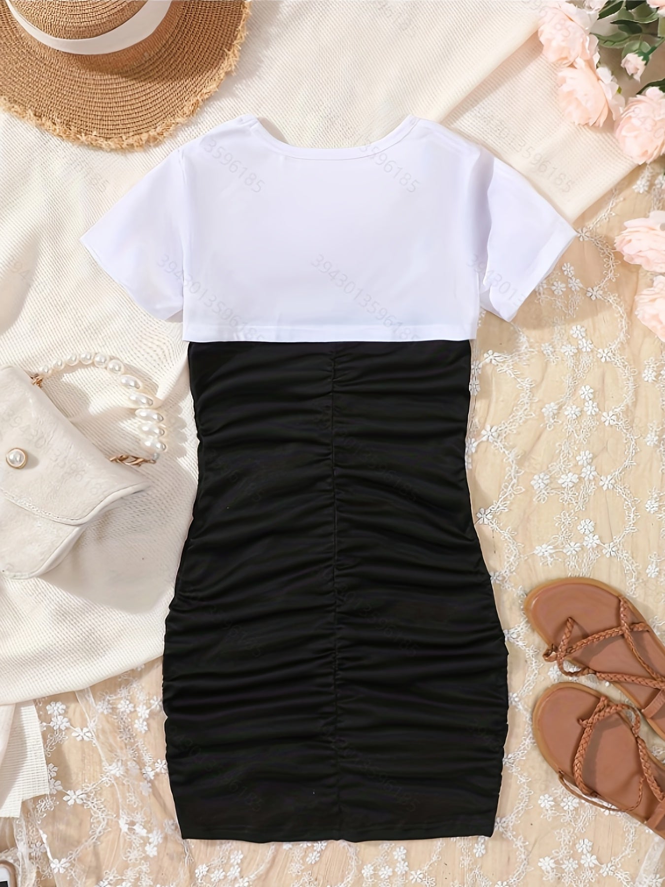 Two piece Dress Set Short Sleeve Crop Top & Drawstring Ruched Cami Dress