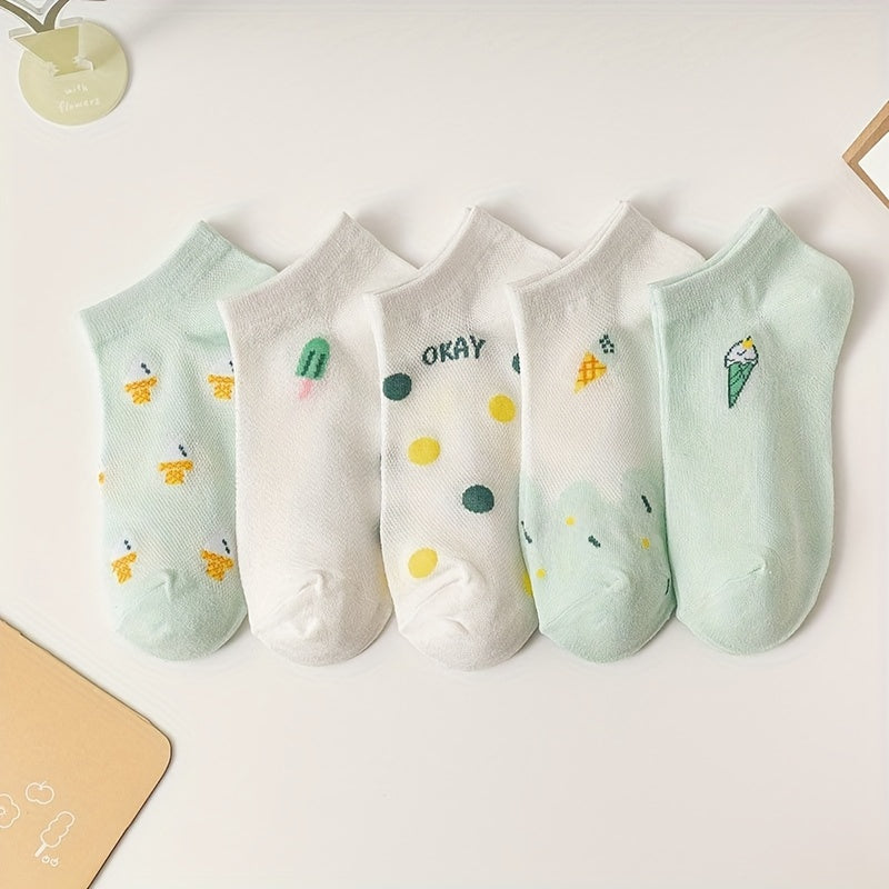 5 Pairs Polka Dot Pattern Socks & Lightweight Low Cut Ankle Socks Women's