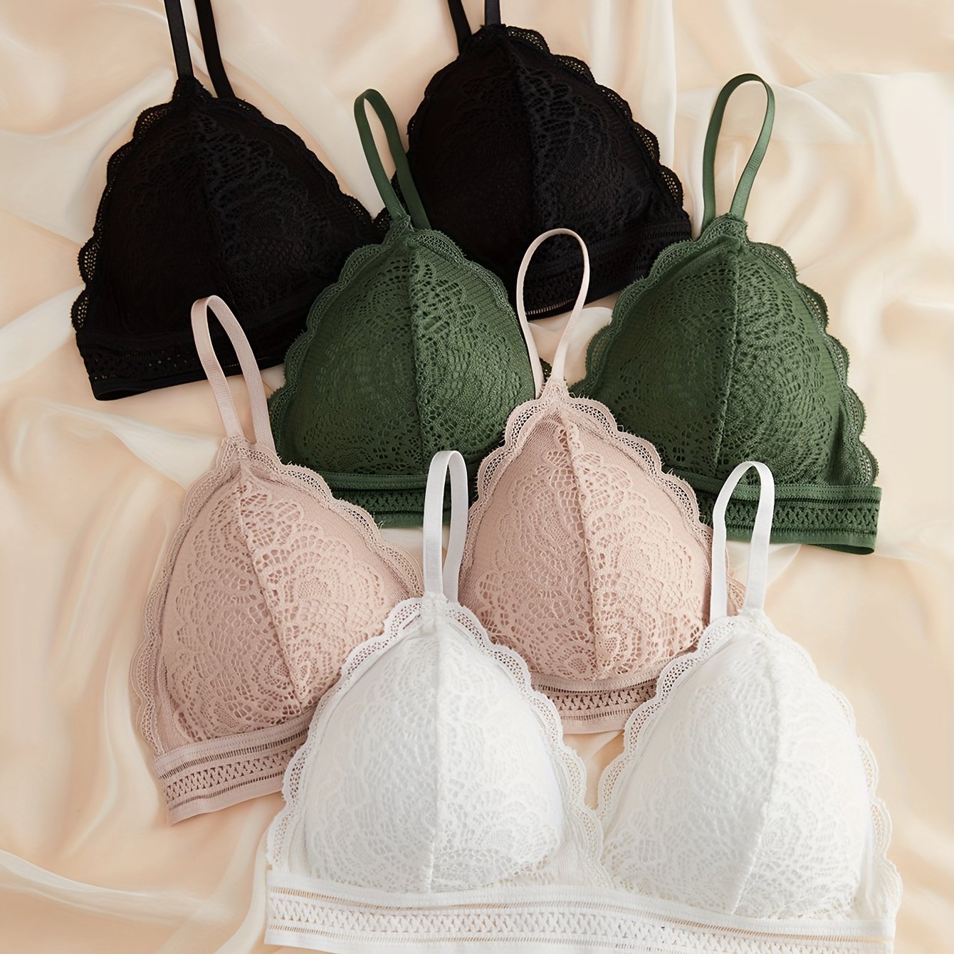 4pcs Lace Wireless Bras Scallop Trim Women's Lingerie
