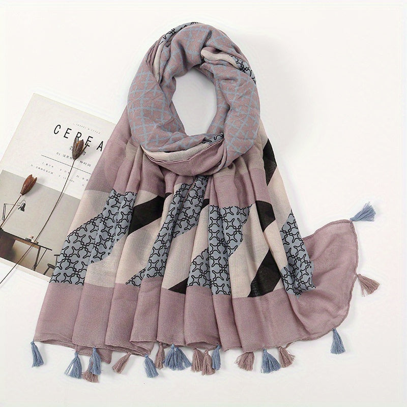 Vintage Plaid Tassel Scarf Dark Pink Shawl Boho Head Wrap