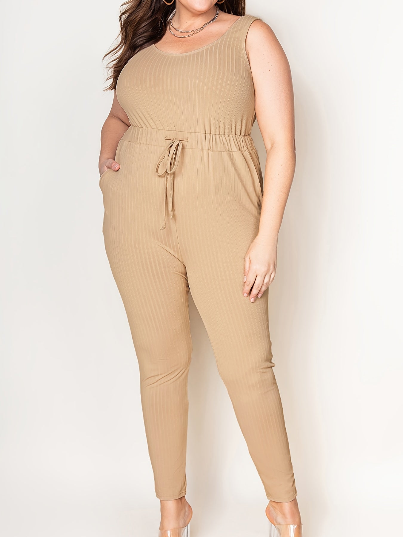  Ribbed Drawstring Tank Jumpsuit Women's Plus