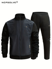 Men's Sports Suit with Stand Collar Zip Up Jacket & Stretch Waist Pants