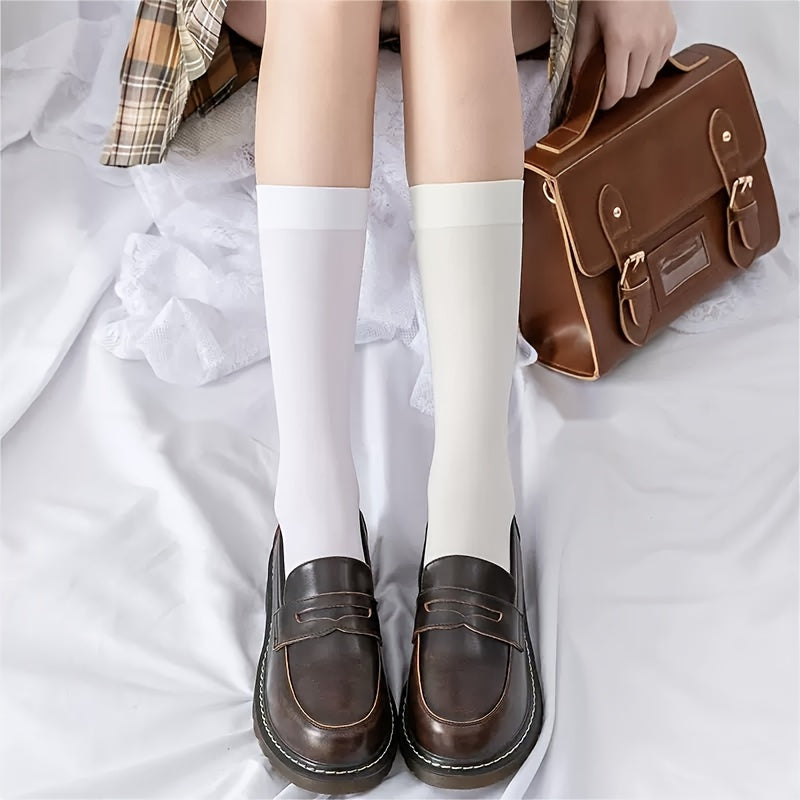 2 Pairs Solid Calf Socks College Style Knee High Socks Women's Stockings